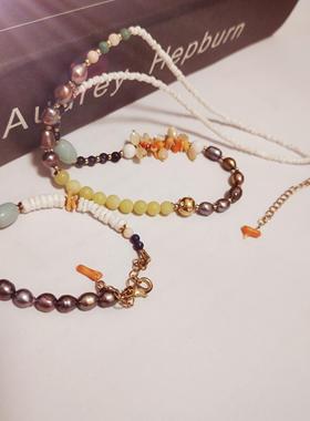 欧美外贸饰品 天然石珍珠贝壳 串珠咖色系颈链手链女套装
