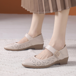 女鞋 舒适透气洞洞凉鞋 久站不累 女软皮软底坡跟妈妈鞋 镂空玛丽珍鞋