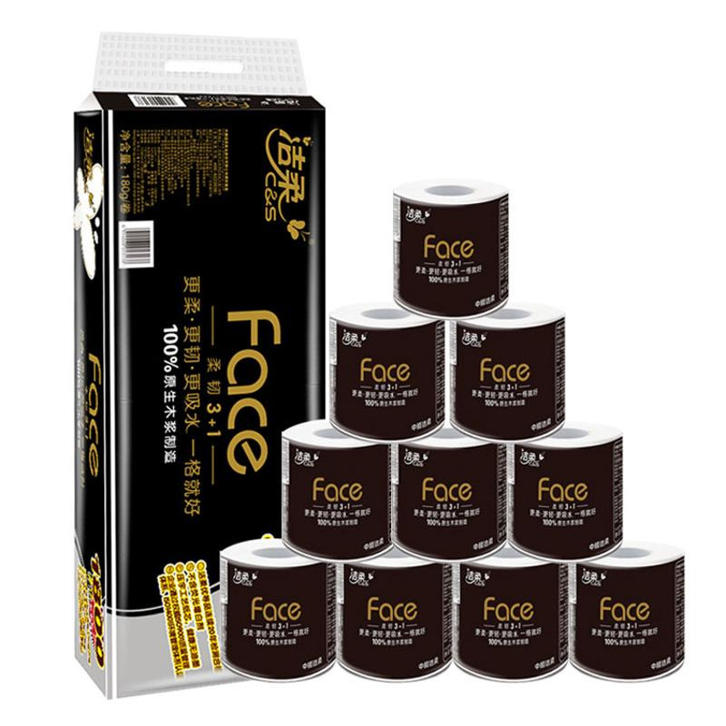 洁柔 有芯卷纸 黑Face加厚4层180克*10卷 卫生纸 冲厕易降解