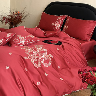 花囍︱婚庆全棉四件套红色浪漫喜字刺绣长绒棉结婚用被套新婚床品