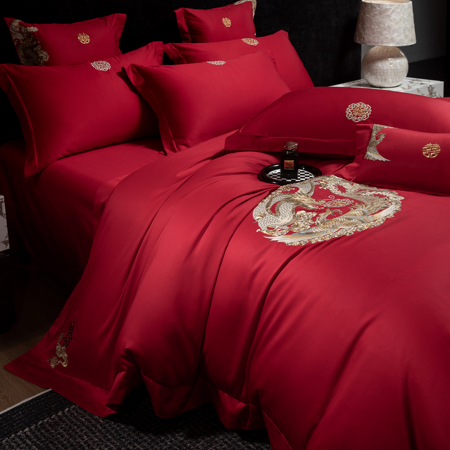 轻奢新中式婚庆红色结婚四件套全棉龙凤喜缘刺绣被套陪嫁床上用品