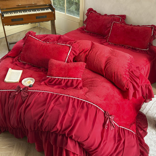 法式浪漫婚庆床裙款牛奶绒四件套