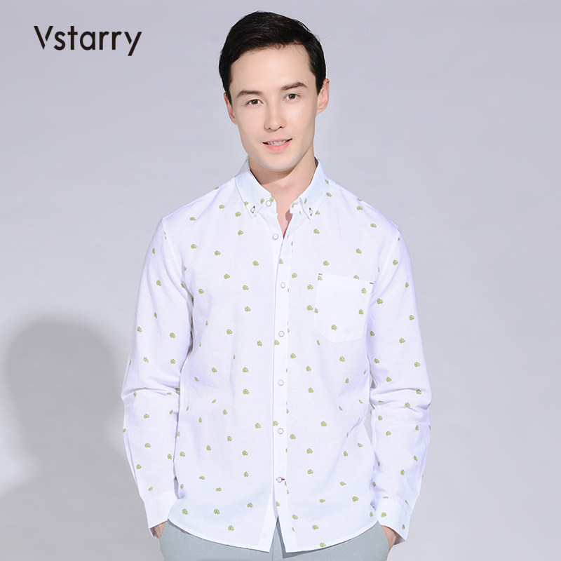 男士白衬衫青年小清新潮流休闲亚麻衬衣新款长袖打底港风印花寸衫