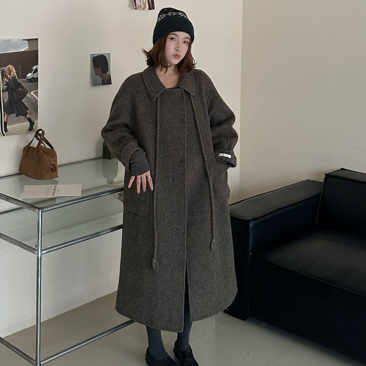 慵懒风双面羊毛长款系带大衣女