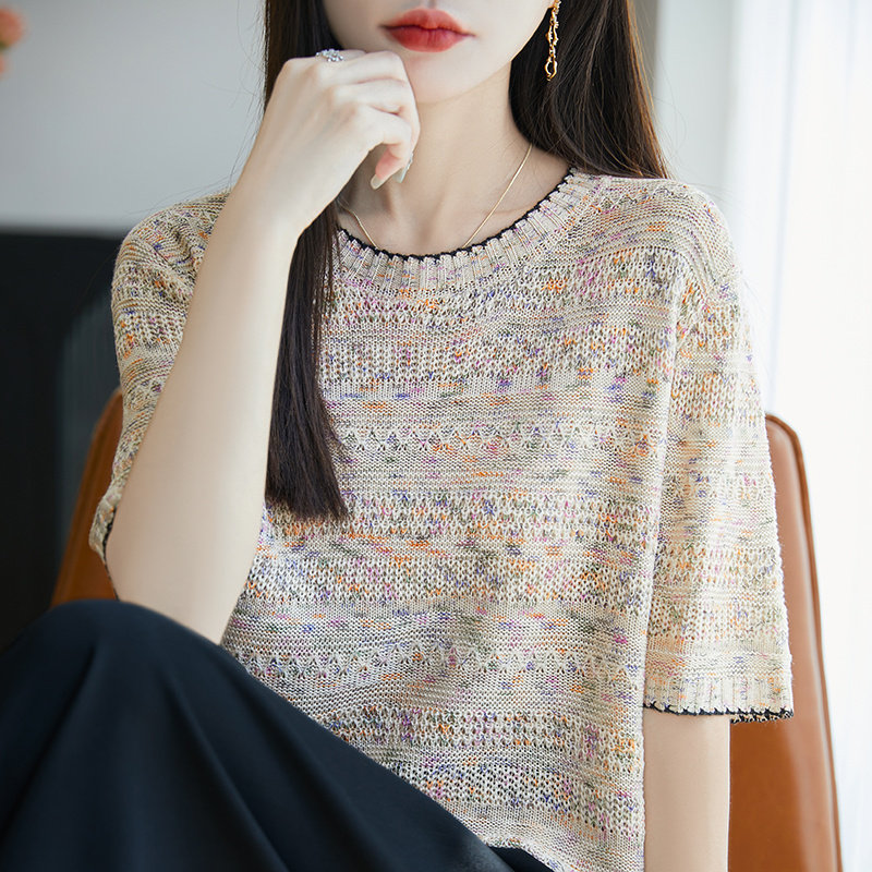 夏季通勤拼色针织短袖T恤女显瘦
