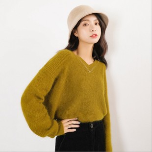 秋冬新款韩版V领慵懒风bf女毛衣宽松套头针织衫纯色时尚气质显瘦