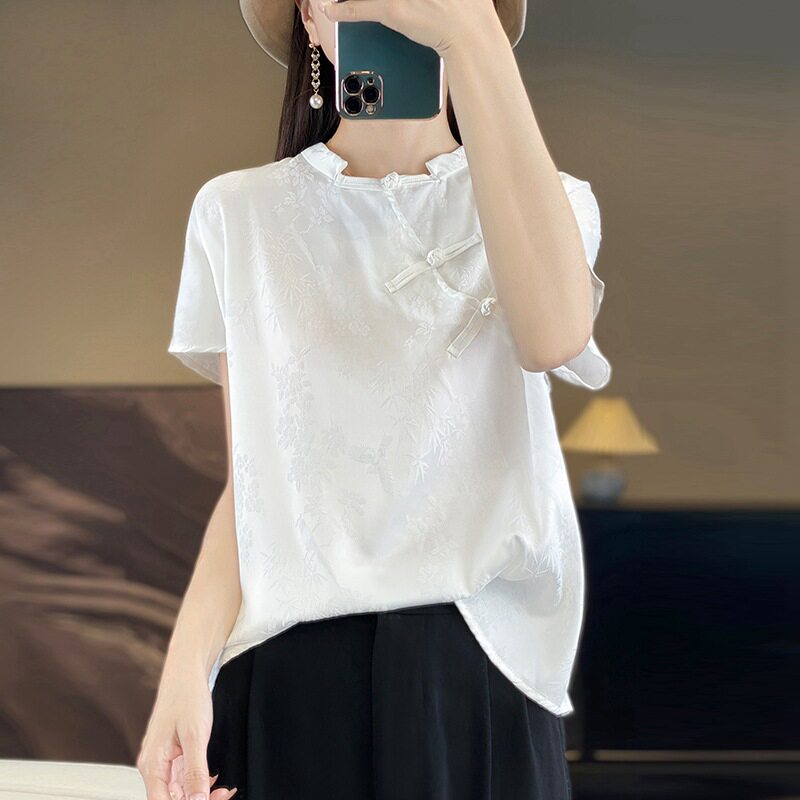 真丝缎面2025夏季新款女士立领衬衫短袖简约百搭上衣短款大码T恤