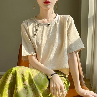 丝绸真丝24夏季女装圆领新中式印花短款宽松T恤显瘦百搭上衣短袖