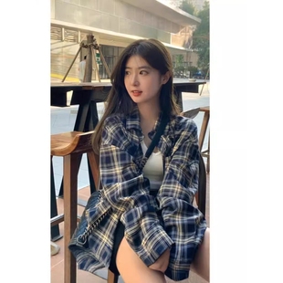 上衣春夏 幂式 穿搭格子衬衫 女秋冬慵懒风复古宽松衬衣开衫 外套长袖