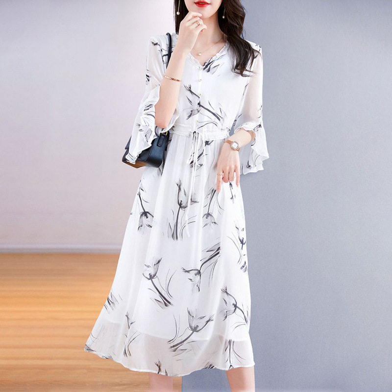 杭州大牌真丝水墨画印花连衣裙2025夏季新款宽松显瘦气质贵夫人裙