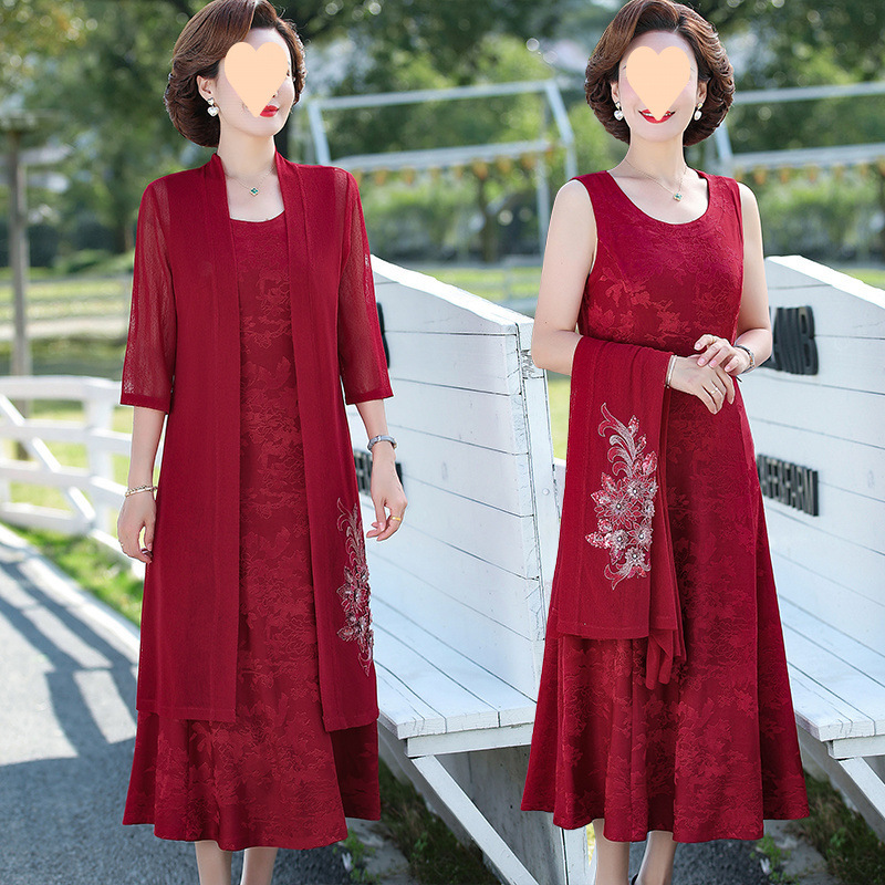 胖妈妈喜婆婆婚宴夏装连衣裙两件套加肥加大码中老年高贵礼服长裙