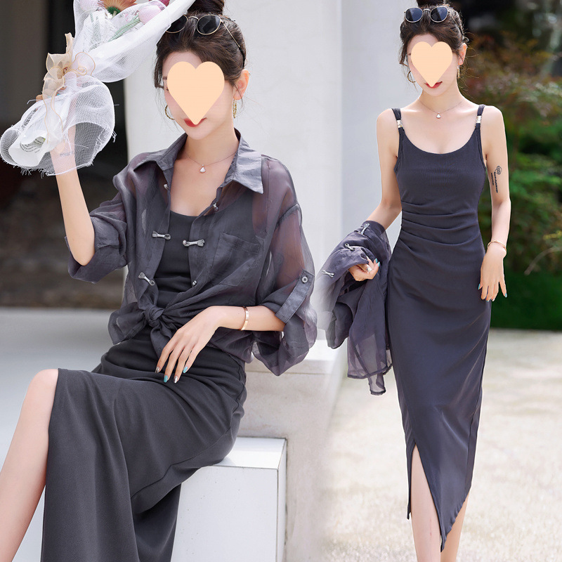 新中式连衣裙女2025夏季新款晒衬衫两件套时尚吊带裙子套装薄款