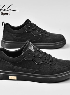 沙驰男鞋运动板鞋秋季2025新款潮流黑色帆布鞋低帮透气休闲爸爸鞋