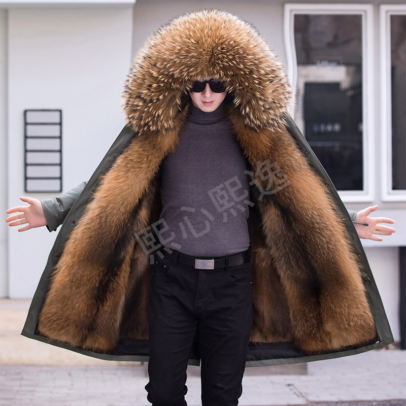 高档海宁派克王冬皮草男士派克服皮毛一体可拆卸过膝大衣外套海宁