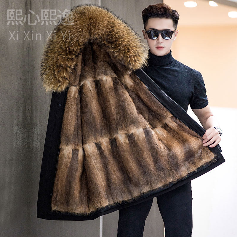 23年男派克服水貂内胆中长款皮毛一体整貂皮冬季厚皮草尼克服大衣