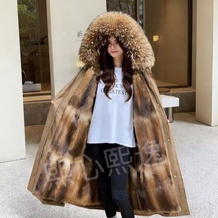 超长脚踝整貂派克服女新款 貂毛内胆青根貂可拆卸皮毛一体皮草冬