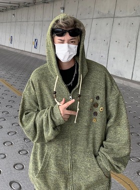 针织黑衣连帽外套男女春秋上衣开衫潮牌