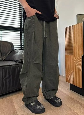 春秋极 致百搭美式复古水洗街头长裤男女高街宽松弯刀休闲裤情侣