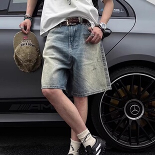 美式高街班复古水洗做旧破洞牛仔短裤男夏季裤子宽松直筒五分中裤
