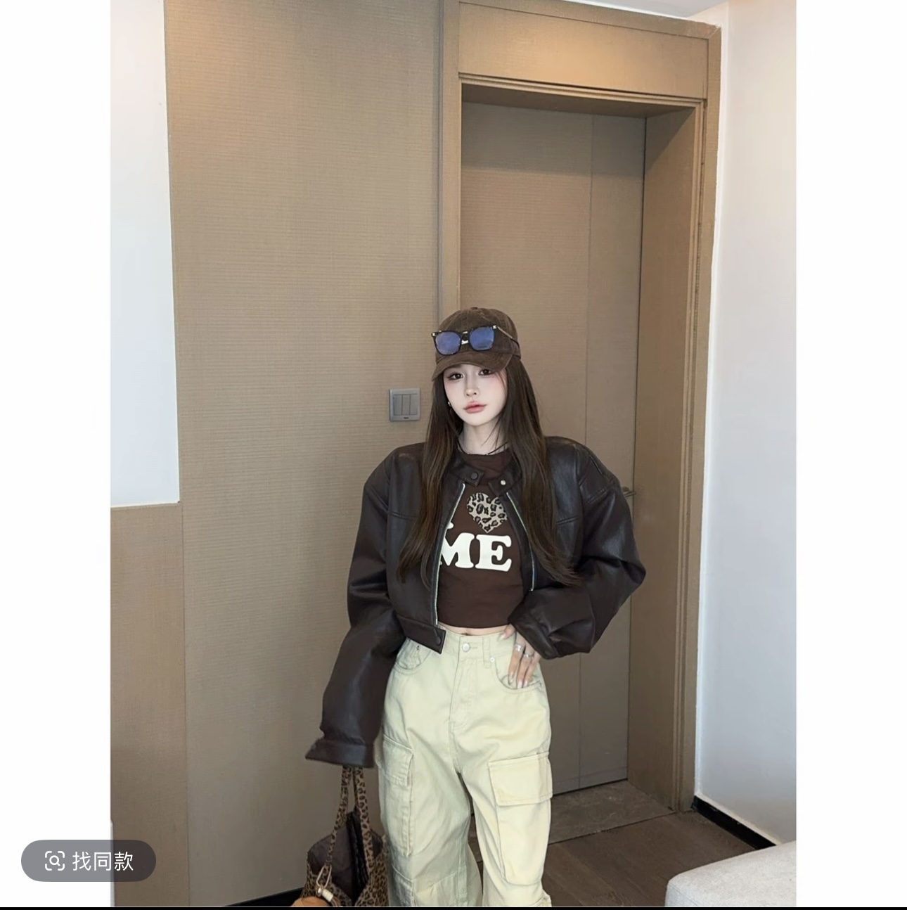 泡菜订制豹纹字母咖色长袖T恤女2025秋季新款韩版修身显瘦上衣潮