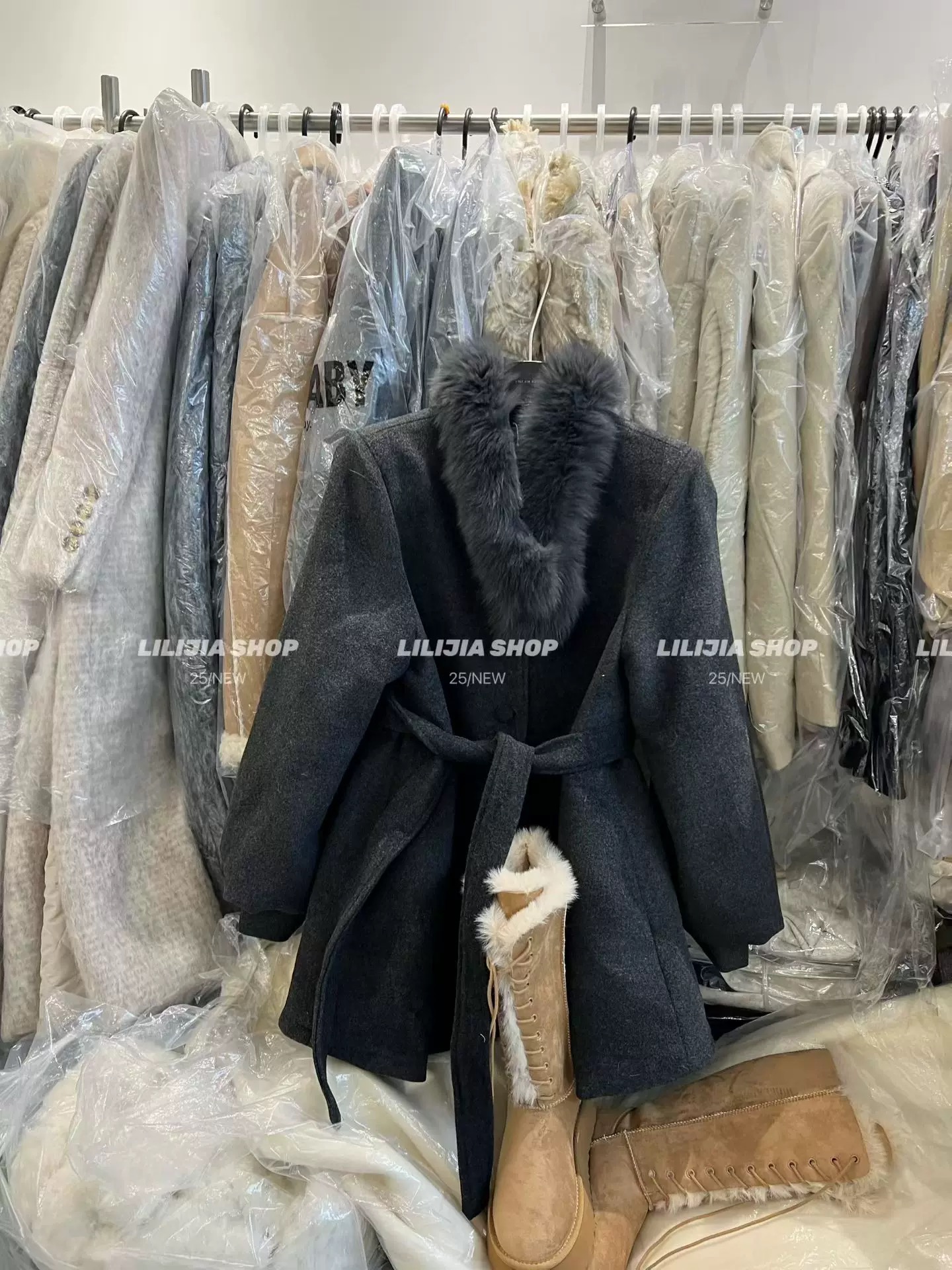 韩国东大门2025冬季新款韩版宽松配毛领中长款毛呢羽绒服外套女潮