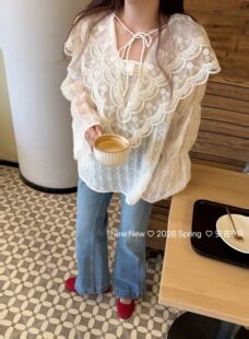 韩国东大门2026春季新款韩版宽松刺绣荷叶边抽绳子韩系衬衫上衣潮