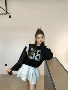 美式复古重工蕾丝字母卫衣女2024秋季新款休闲宽松显瘦百搭上衣潮