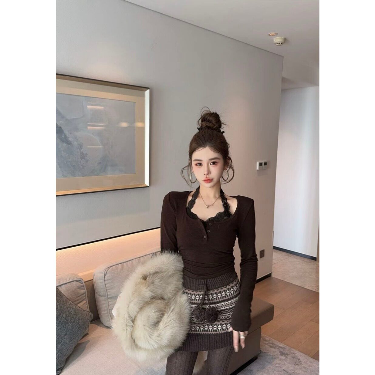 泡菜订制咖色蕾丝假两件加绒T恤女2025冬季新款修身显瘦打底衫潮