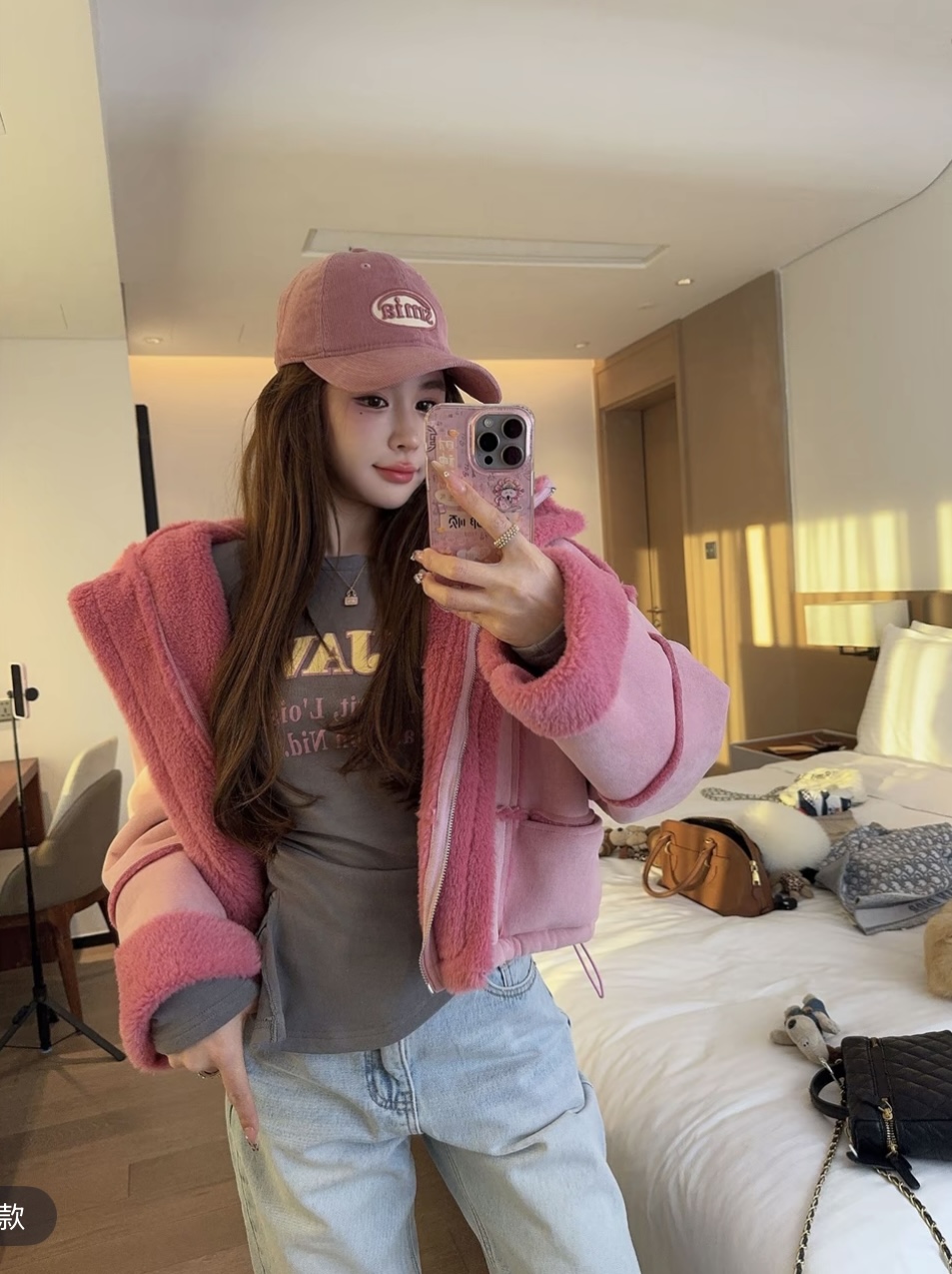 泡菜订制莓粉色皮毛一体外套女2025冬季新款立领洋气加厚机车外套