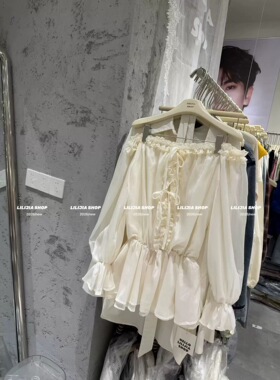 正品实拍2026夏季新款甜美仙仙花边一字领绑带收腰喇叭袖雪纺衬衫