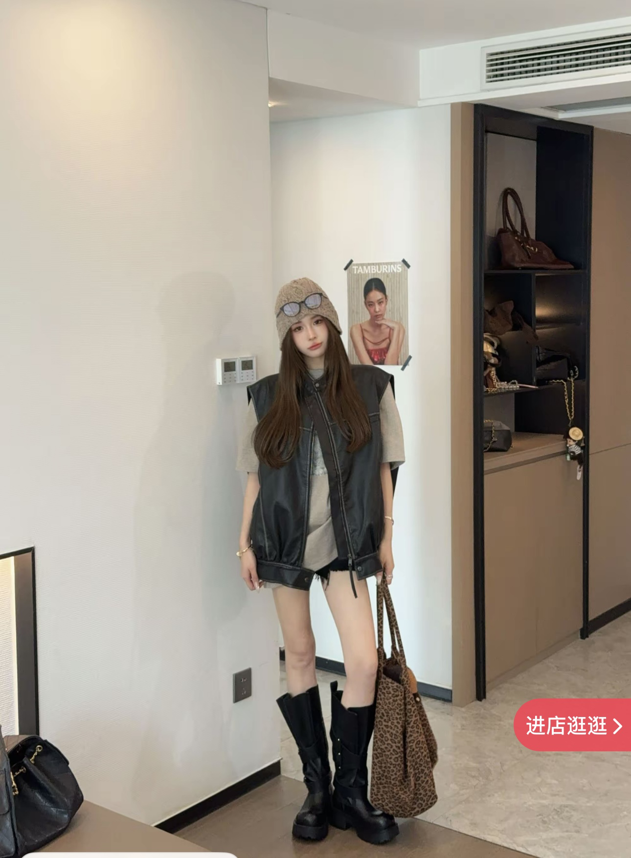 泡菜订制擦色复古黑宽松皮马甲女2025秋季新款洋气百搭软肩短外套