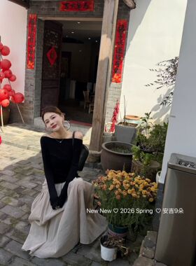 正品实拍2026春夏新款韩版洋气漏肩设计感不规则显瘦长袖T恤上衣