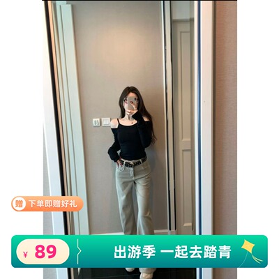 2026春季新款韩版百搭休闲一字肩露肩洋气T恤简约时尚假两件上衣