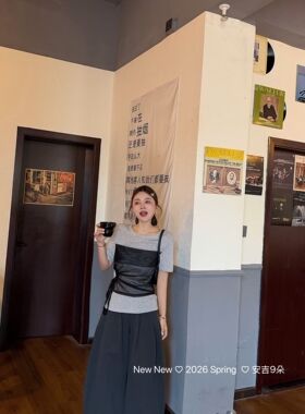 正品实拍2026新款韩系显瘦高级感网纱拼接假两件小衫短袖T恤潮ins