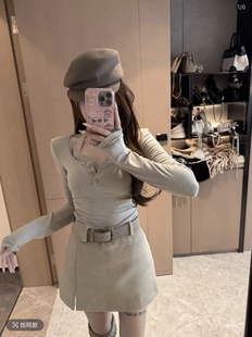 a字半身裙潮 百搭时尚 泡菜订制奶茶色腰带毛尼半裙女2025冬季 新款