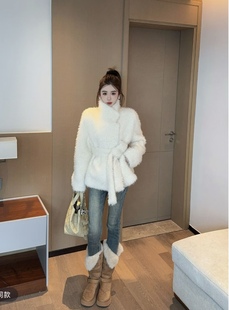 毛绒潮 收腰显瘦气质中长款 泡菜订制环保毛毛飘带外套2025冬季 新款