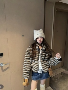 毛毛外套 立领洋气时尚 泡菜订制蓝咖条羊羔毛韩女外套2025冬季 新款