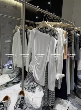 正品实拍2026夏季显瘦设计感小众不规则漏肩白色上衣+条纹休闲裤