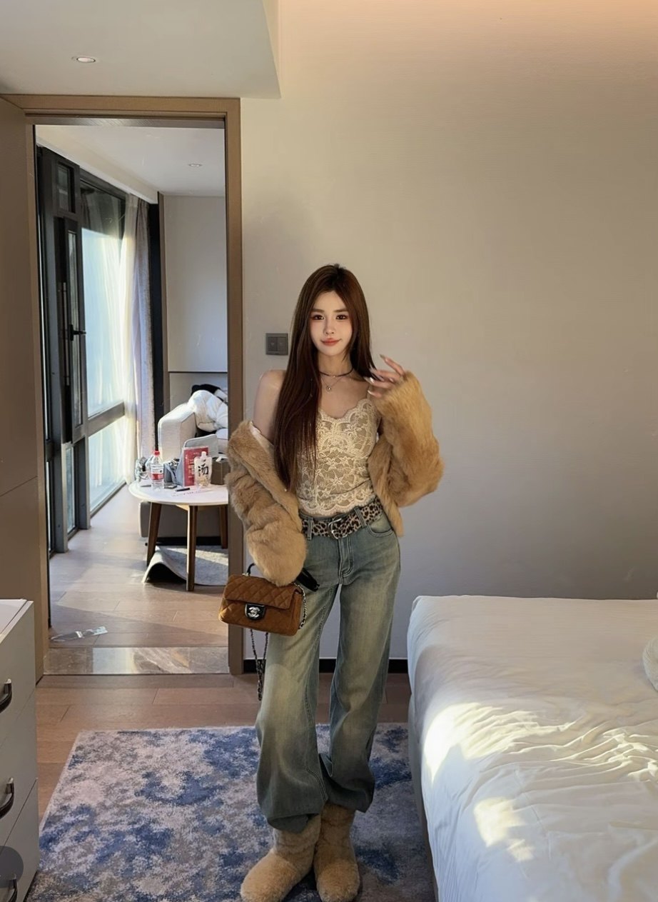 CM原版豹纹腰带复合绒怀旧蓝牛仔裤女2025冬季新款韩版百搭长裤