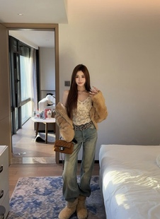 豹纹腰带复合绒怀旧蓝牛仔裤 百搭长裤 女2025冬季 韩版 潮 新款 CM原版