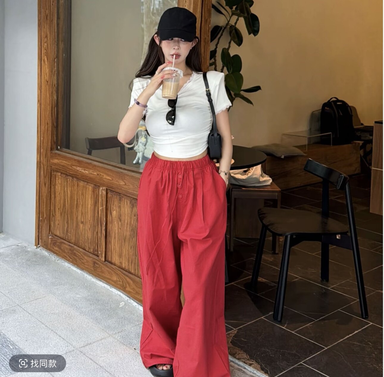 九月家 红莓浆果 白色侧皱蕾丝边短袖T恤上衣红色松紧腰休闲裤潮