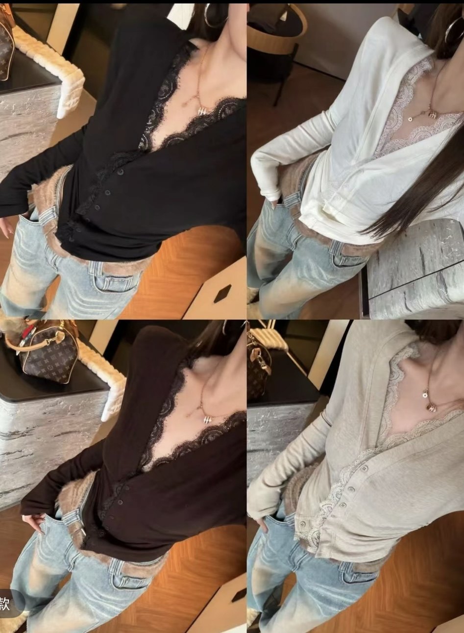 泡菜订制多色蕾丝边加绒T恤2025冬季新款韩版修身单排扣v领打底衫