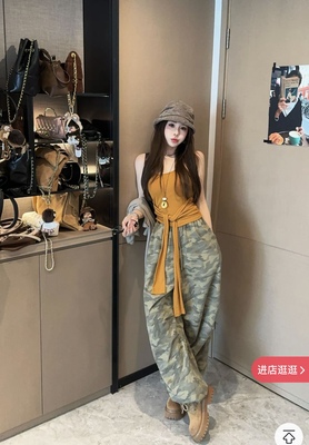 泡菜订制水洗松紧腰迷彩工装裤女2025秋季新款韩版百搭宽松休闲裤