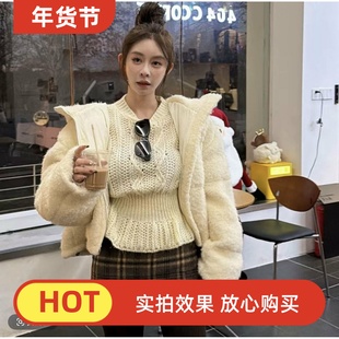 泡菜定制毛衣女2025冬季新款韩版修身显瘦荷叶边显瘦短款针织衫潮