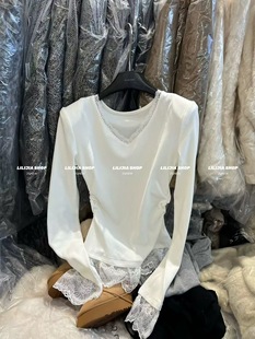 显瘦褶皱T恤打底衫 2025冬季 宽松蕾丝拼接v领上衣女修身 韩版 潮 新款