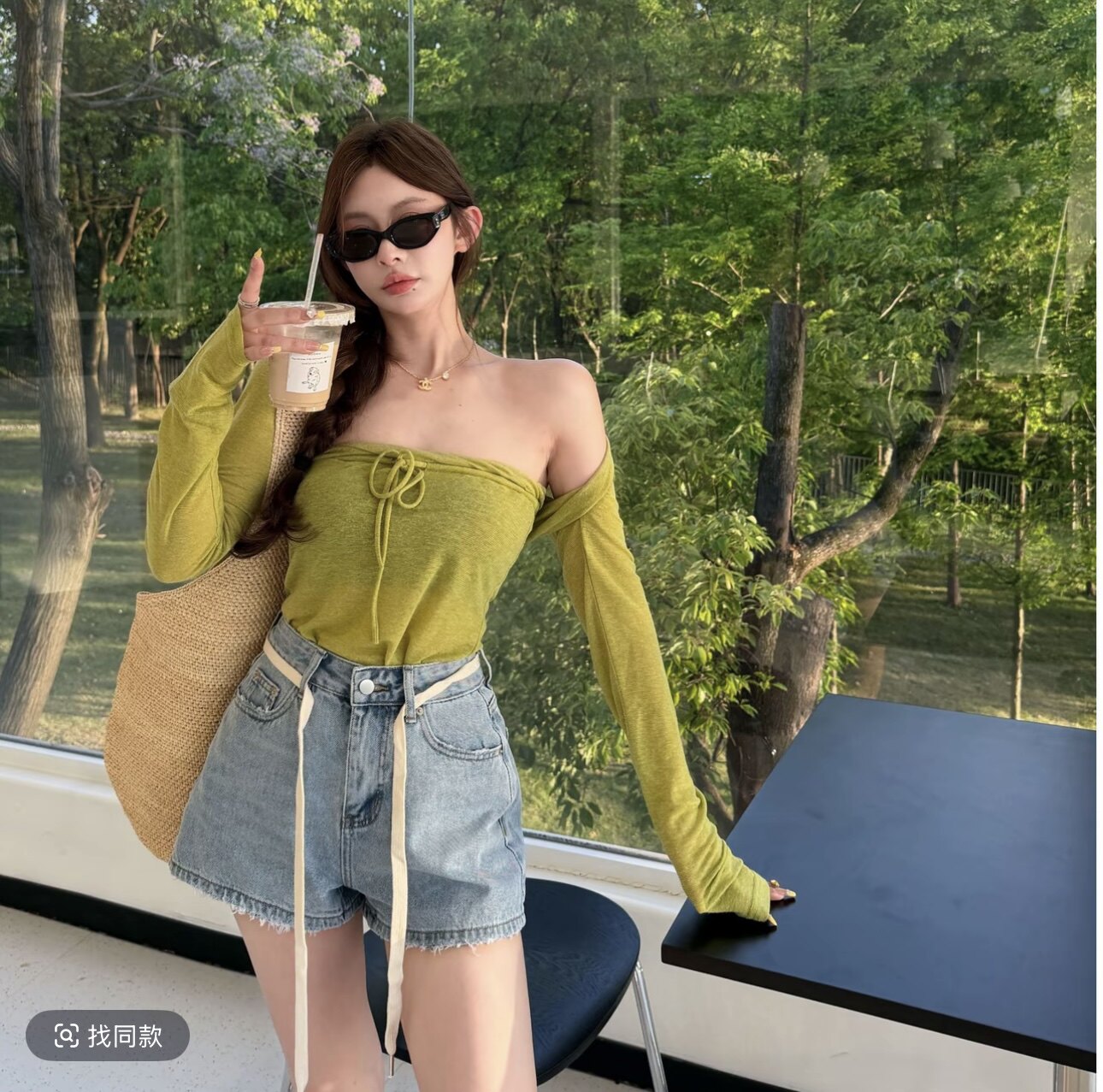 九月家 林间夏光  绿抹胸坎肩两件套白腰绳牛仔短裤时尚减龄套装