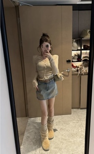 修身 新款 显瘦百搭拼接打底毛衣 2025冬季 泡菜订制奶茶色蕾丝针织衫