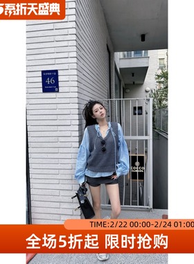 五折福利。  灰色v领毛衣背心叠穿无袖针织马甲外穿+蓝色抽绳衬衫