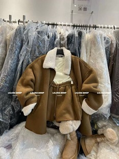 宽松翻领加绒加厚短外套 韩版 松紧腰短裤 时尚 潮 2025冬季 套装 新款