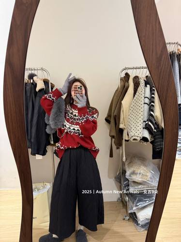 2025冬季新款韩版宽松菱形格费尔岛毛衣女慵懒风软糯针织衫上衣潮